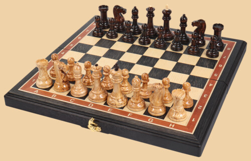 Шахматы Замок в горах №3 (морёный дуб-ясень, клетка 4 см)